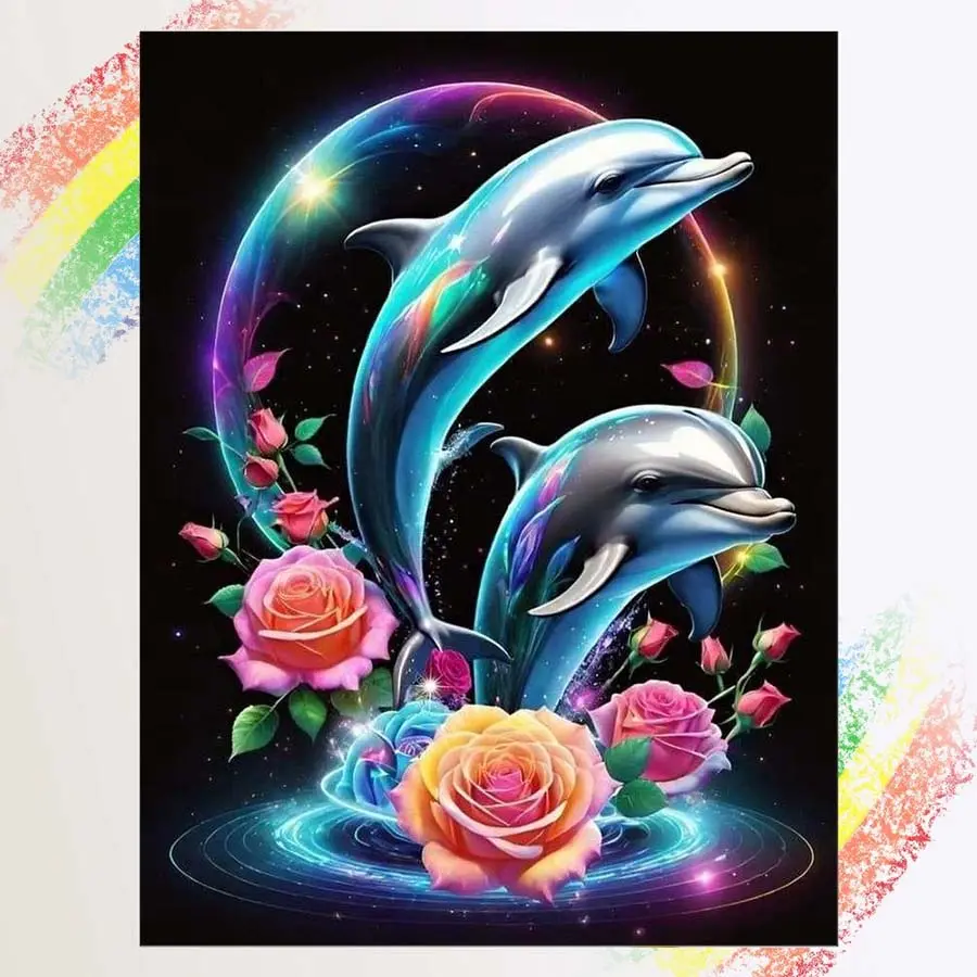 1pcs 5D DIY diamond painting kit, 5D diamond art set, DIY decoration, dolphin, rose, rainbow diamond painting kit with full round diamonds, mosaic, diamond art, DIY home decor, suitable for Halloween and Christmas.