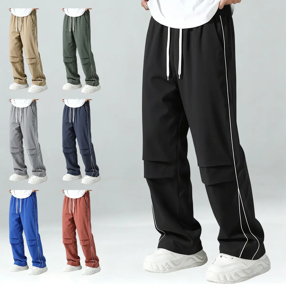 Men's Polyester Casual Athletic Cargo Pants with White Side Stripes, Comfortable Drawstring Plain Sportswear for Year-Round Wear sport jogging