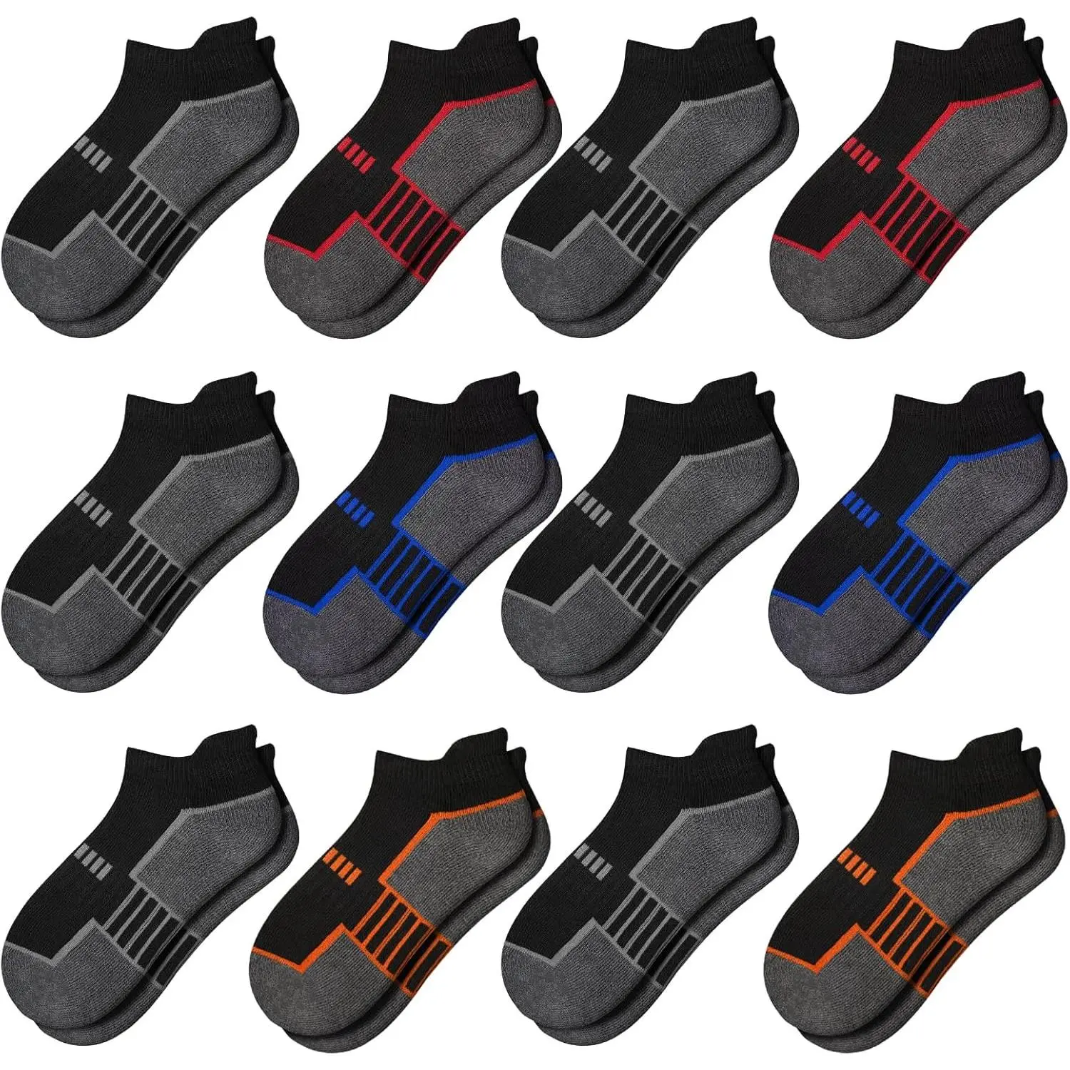 X-SOK05  12 Pairs Boys Socks - Ankle Low Cut Athletic Half Cushioned Short Socks For Kids 4-6, 6-8, 8-10 Years Old