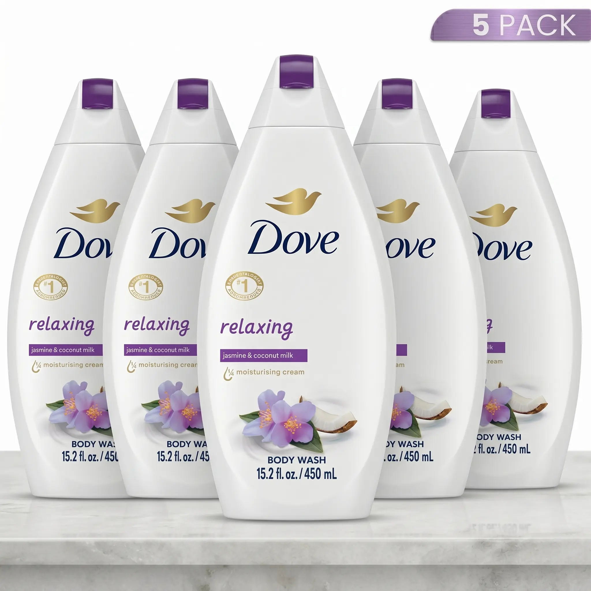 Dove Hydrating Body Wash - Relaxing Jasmine & Coconut Milk Scent, 1/4 Moisturizing Cream, Plant-Based Formula (5 Pack, 15.2oz/450ml) for Daily Shower, Body Care Routine
