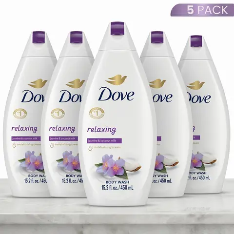 Dove Hydrating Cleansing Body Wash 5-Pack (15.2oz/450ml) - Relaxing Jasmine Coconut Scented, 1/4 Moisturizer Cream, Plant Based Formula, Gentle Non-Drying, Cream Lather, Youth-Friendly, Daily Shower Unisex Liquid Cleanser