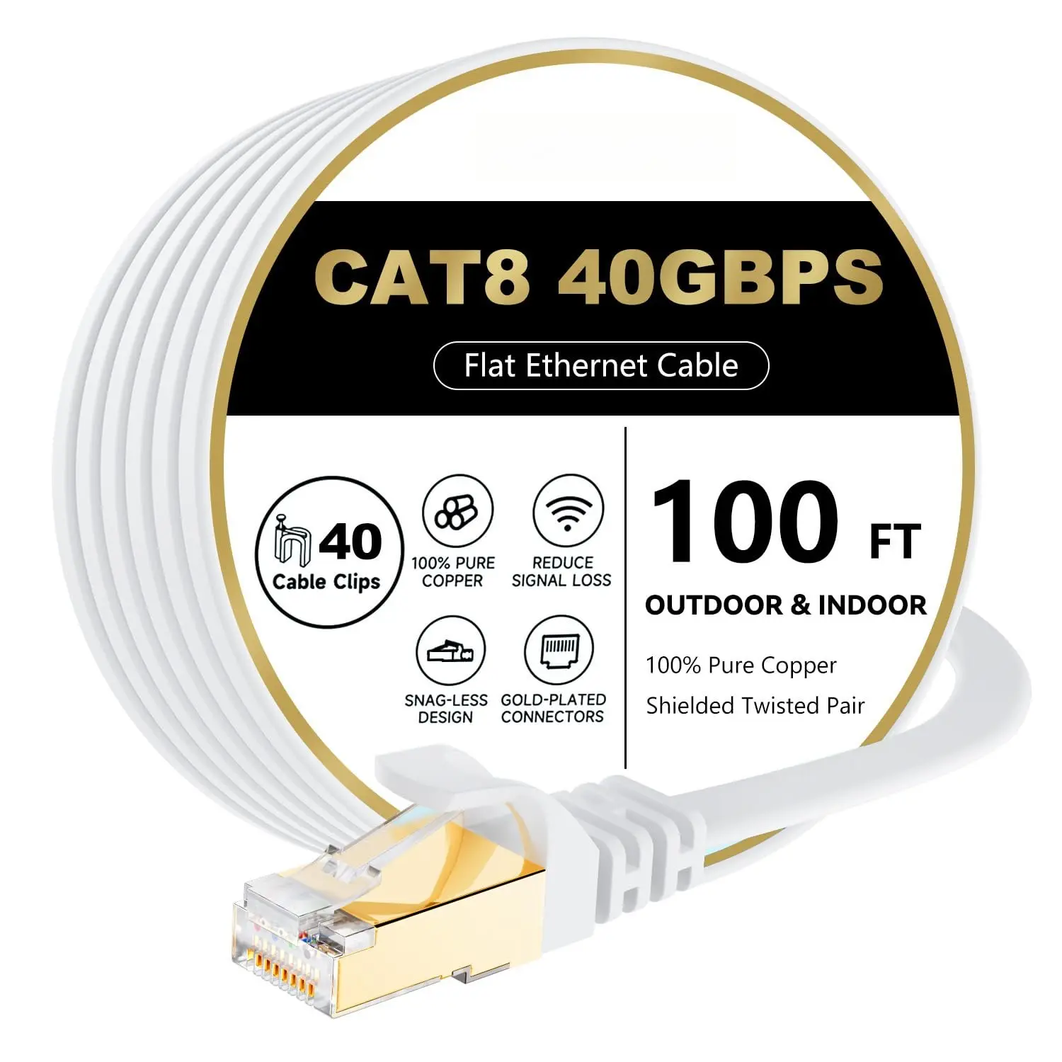 8 Ethernet  100 FT, 40Gbps 2000Mhz High Speed Flat Cat8  Patch Cord with -Plated RJ45 Connector, LAN Network Internet  with 40 Clips for Router/Gaming/, S/FTP