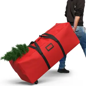 Rolling Christmas Tree Storage Bag 9 Ft Xmas Artificial Disassembled Trees, 600D Waterproof Oxford Fabric, Durable Wheels & Handles, Heavy Duty Storage Container (Red)