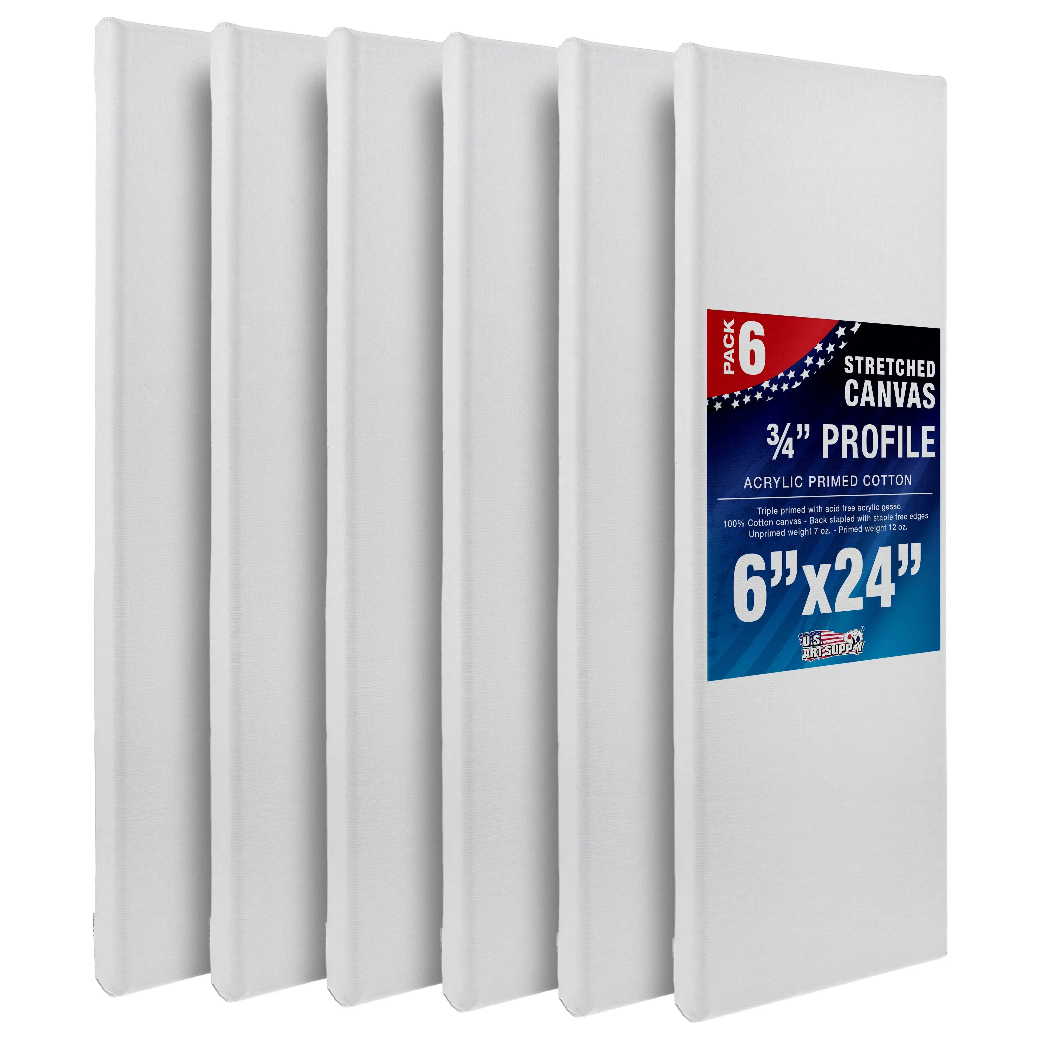 6 x 24 inch Stretched Canvas 12-Ounce Triple Primed, 6-Pack - Professional Artist Quality White Blank 3/4" Profile, 100% Cotton, Heavy-Weight Gesso