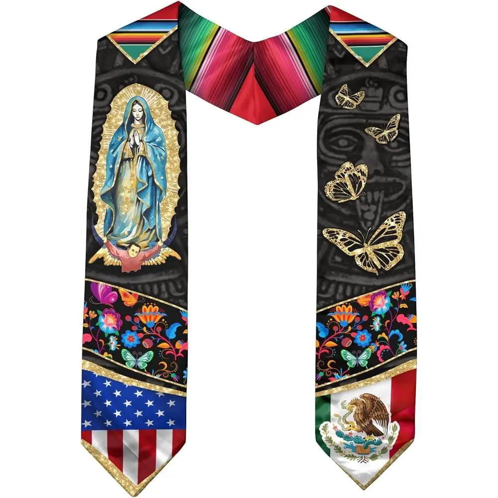 EastJia Mexico Graduation Sash - USA-Mexico Flag Preppy Look Shaw,WHIMCHOITl, Floral Embroidery Polyester Scarf for Academic Ceremonies, 158cm x 11.5cm Unisex Lightweight Shawl Shape Comfortable Durable summerwins, Floral Embroidered Scarf