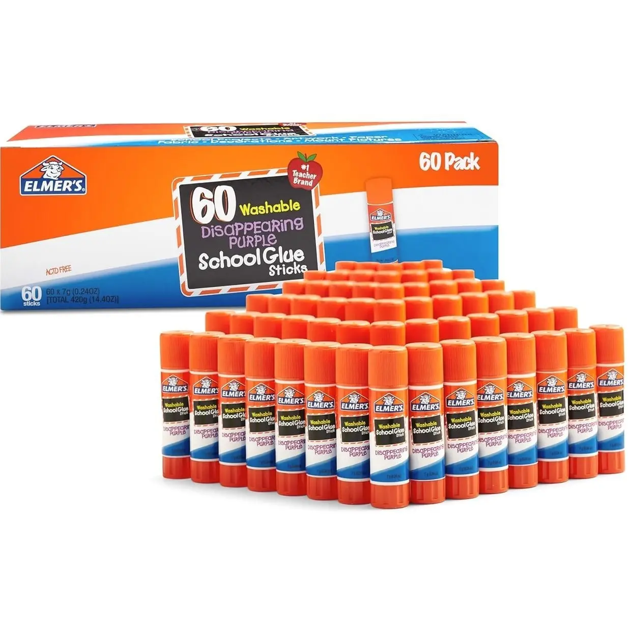 Elmer's Disappearing Purple School Glue Sticks, Washable, 7 Grams, 60 Count - Back to School Supplies, Classroom Pack, #1 Teacher Brand