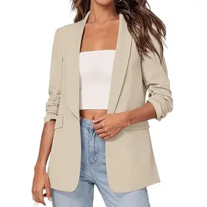 PRETTYGARDEN Women's Spring Blazers Business Casual Outfits Open Front Ruched 3/4 Sleeve Lightweight Work Suits Jackets
