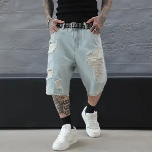 Vintage Washed Ripped Denim Shorts with Ripped & Frayed Details, Streetwear Hip Hop Style Summer Casual Jean Shorts