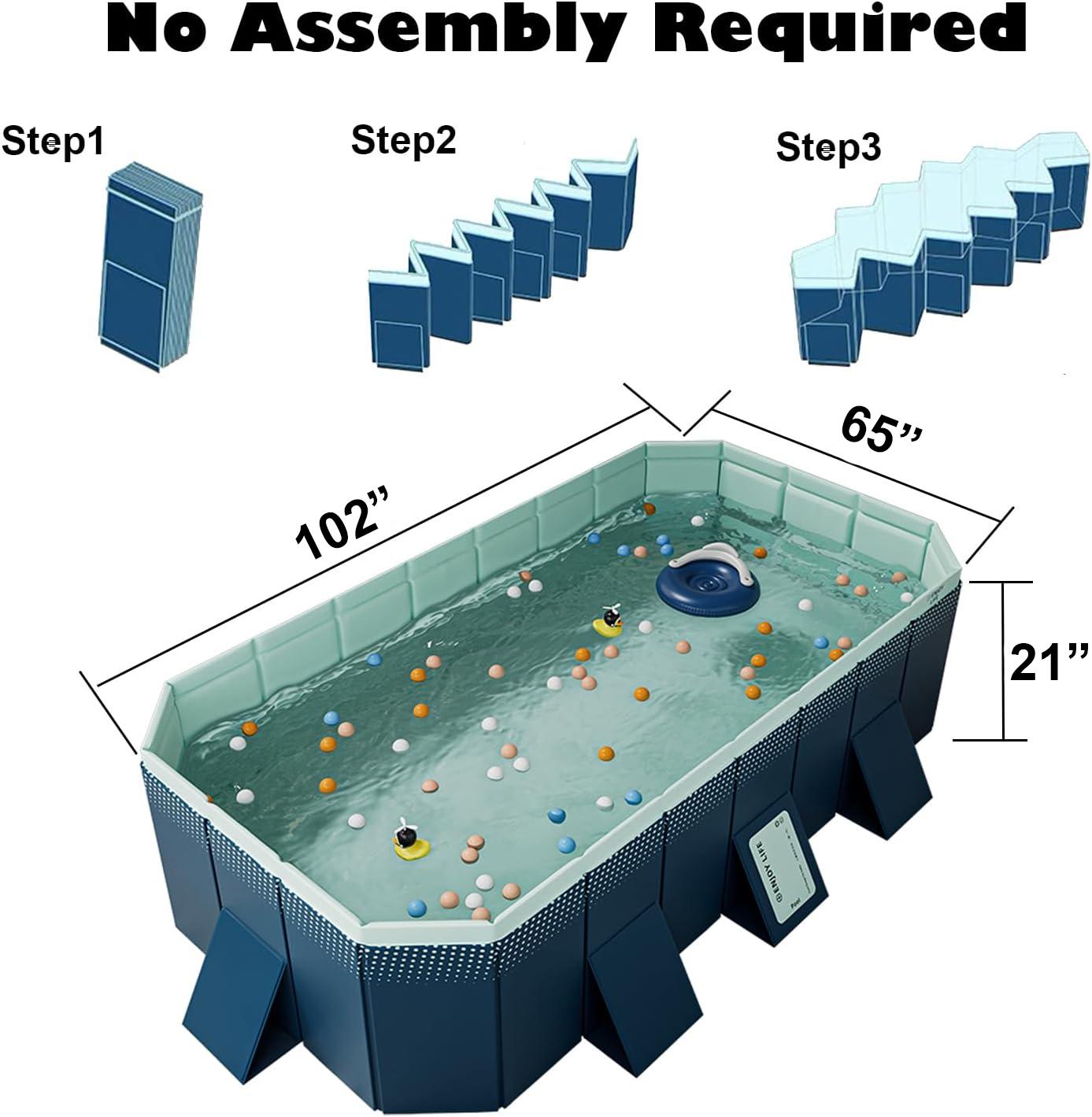Foldable non-inflatable outdoor swimming pool for kids and adults, hard shell plastic pool, suitable for backyard and pet dogs (102 × 65 × 21inches)