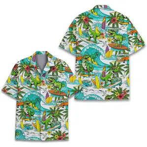Tropical Dinosaur Surfing Hawaiian Shirt For Men Women Youth, Dinosaur Button Down Shirt, Summer Beach Holiday Men's Casual Shirt