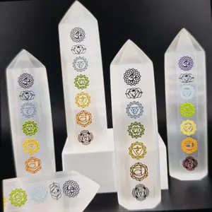 Natural Selenite 7-Chakra Engraved Tower, Healing Crystal for Meditation, Natural Crystal Home Decor & Gift Accessory