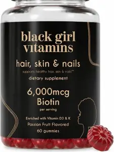 BlackGirl Vitamins  Hair, Skin, and Nails Gummies with Biotin (6000 mcg), Zinc, Gelatin Free, Vitamin A, and Vitamin E  (Passion Fruit, 60 Count) 30 Day Supply