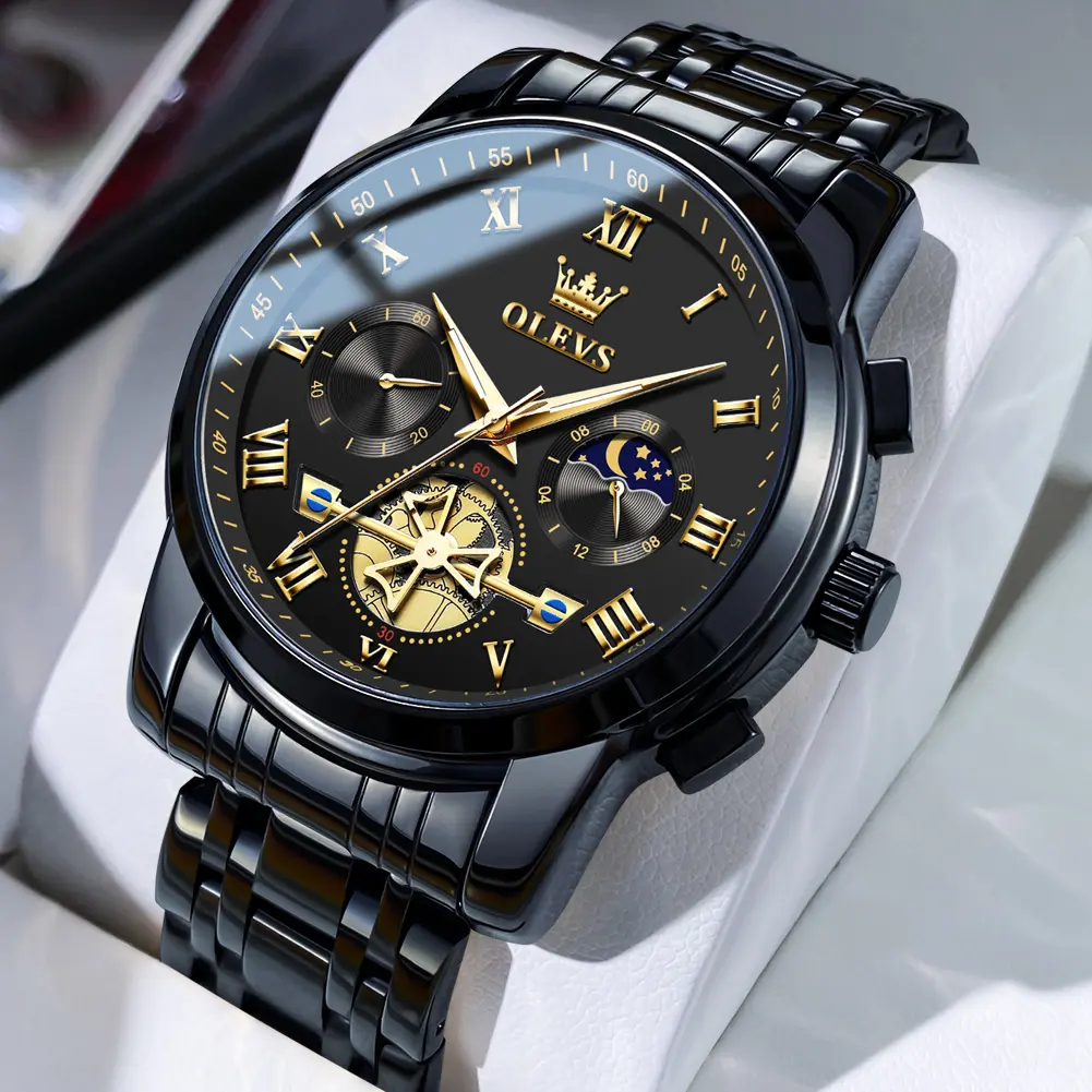 OLEVS Men's 42mm Stainless Steel Quartz Luminous Waterproof Stylish Watch - Skeleton Face, Equipped with 6-Month Alkaline Batteries, Luminous Waterproof Watch, 6 Months, Analog-Digital, Solid Metal Wrist Watches