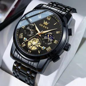 OLEVS Men's Skeleton Analog Quartz Watch - Stainless Steel, Moon Phase, Luminous Waterproof Stylish Watch with 6 Months Alkaline Batteries