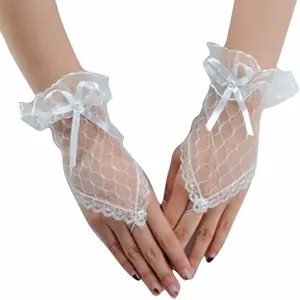 Womens' Wedding Gloves Fingerless Rhinestone Lace Gloves for Brides and Bridesmaids Lace Bow Gloves White