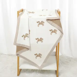 Baby Blanket Knit Receiving Boys Girls Blanket Soft Cotton Neutral Blanke for Swaddle Crib Stroller for Shower Gift Registry with Embroidered Mare and Foal Horse for Newborns Infants Toddlers