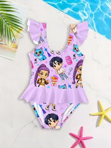 Girls' one-piece swimsuit "Taro Purple Cute Cartoon Style" features a full print of the Huntress Girls characters + ruffled flying sleeves design, cute and soft, instantly enhancing the summer pool / beach outfit atmosphere! Swimwear