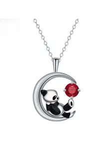Elegant Star-Moon Panda Necklace with Diamond and Ruby Pendant, Unique Design for Couples, Collarbone Chain