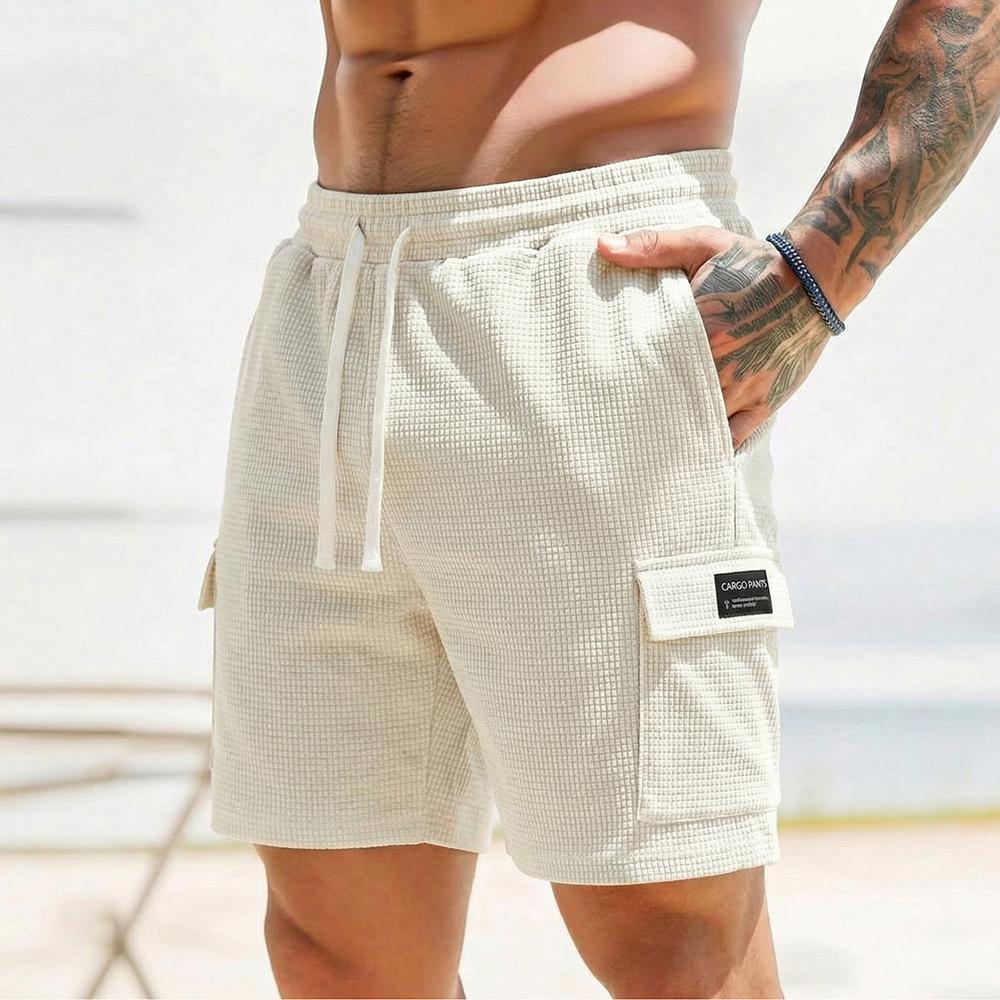 3-pack men’s waffle cargo shorts with a drawstring elastic waistband—breathable and comfortable, slimming and versatile, featuring textured fabric and multiple pockets—ideal for everyday summer outings.