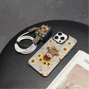 5 Piece Set Sunflower & Cow Phone Case, Charger Head Cover, Cable Protector, Storage Rope, Anti-Drop Tpu Case Accessories for iPhone 6-17 Pro Max
