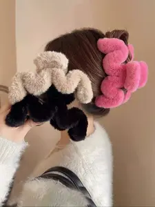 3pcs Large 11cm Plush Hair Clips, Curly Ponytail Clip, Ponytail Claw Clip, Simple Comfortable Lazy Style, Fashion Hair Accessories for Commuting Casual Vacation