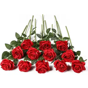 12 Pcs Red Roses Artificial Flowers, Real Touch Fake Velvet Flowers with Stems in Bulk for DIY Home Decor, Wedding, Party, Mother's/Valentine's Day Gifts