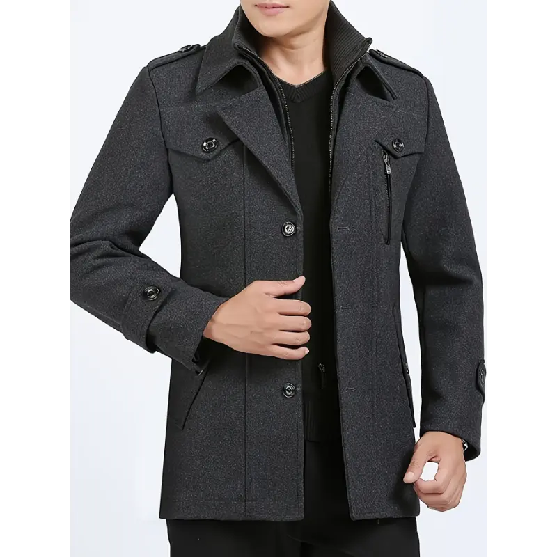 Menswear Plain Double-Collar Business Jacket - Mature Gentleman's Stretch Fabric Autumn Winter Cold-Wind Resistant Stylish Outerwear Coat, Jackets, Tops