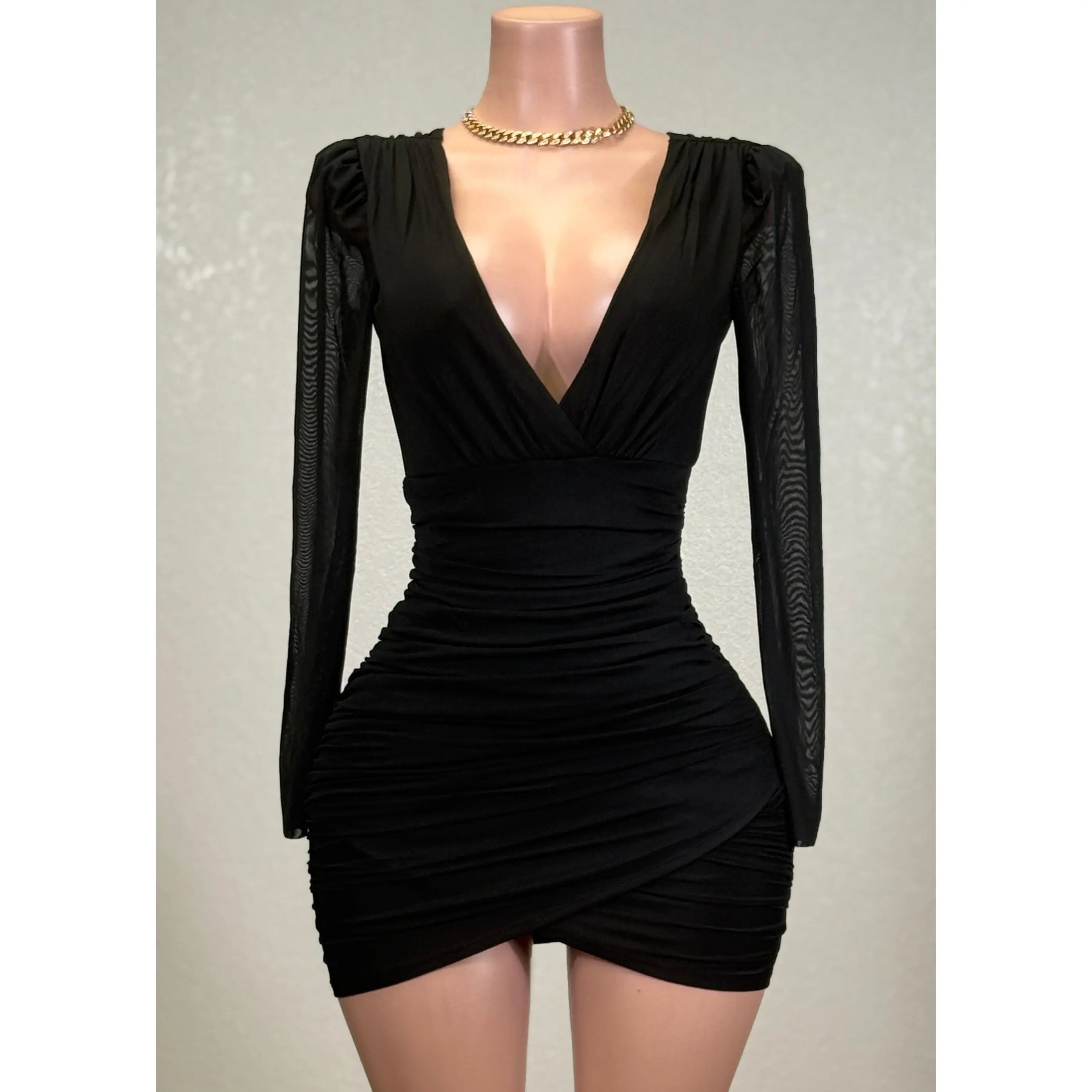knee length dresses for ladies Black Ribbed Long Sleeve Ruched Tulip Skirt Dress