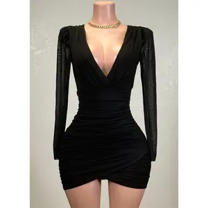ROBIN BLACK MESH RUCHED TULIP WRAP V-NECK MINI DRESS