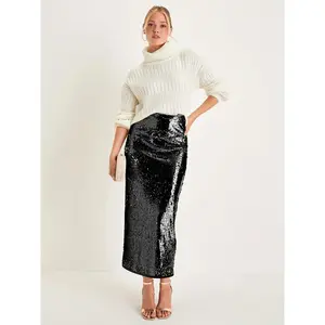 Women'S Sequin Red Skirt, Elegant Hip-Hugging Long Skirt