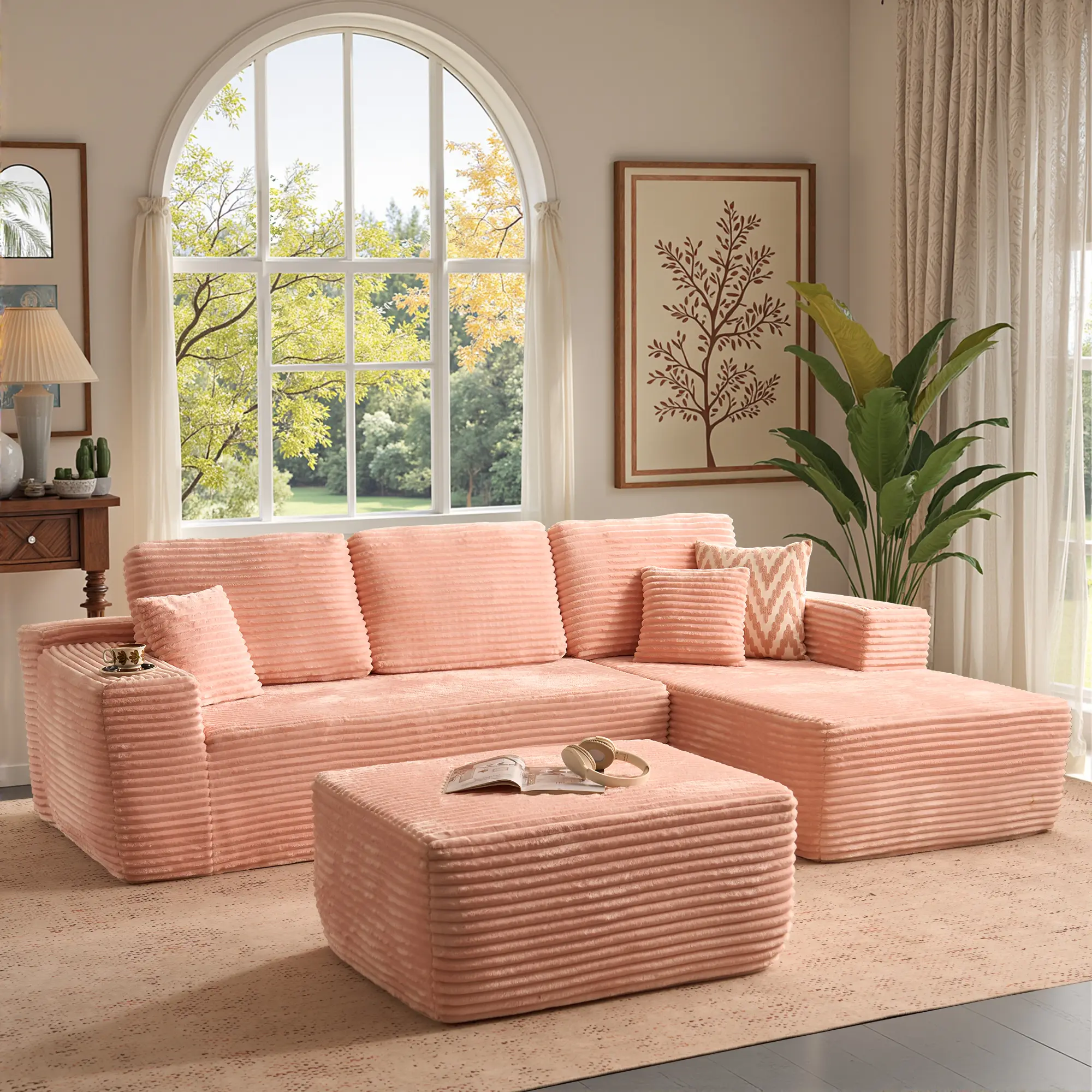 Pink Corduroy Right Chaise With Ottoman