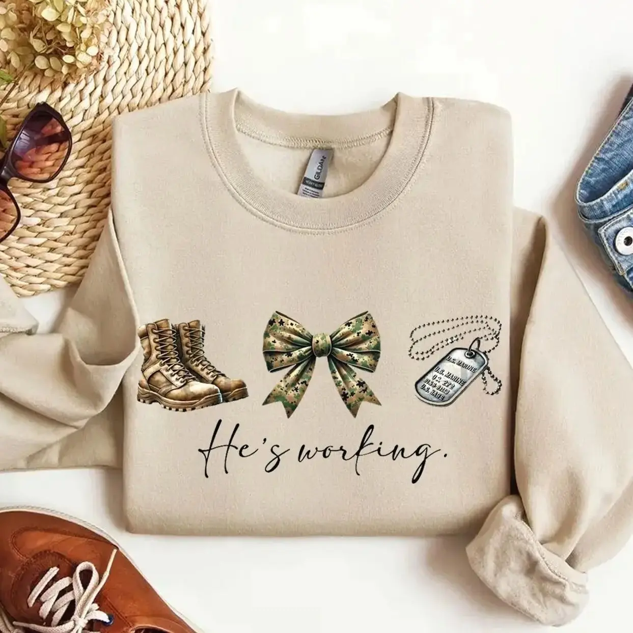 USMC Wife Sweatshirt He's Working Tee, Marine Girlfriend Shirt, Military Wife Gift, Marine Corps Family Apparel