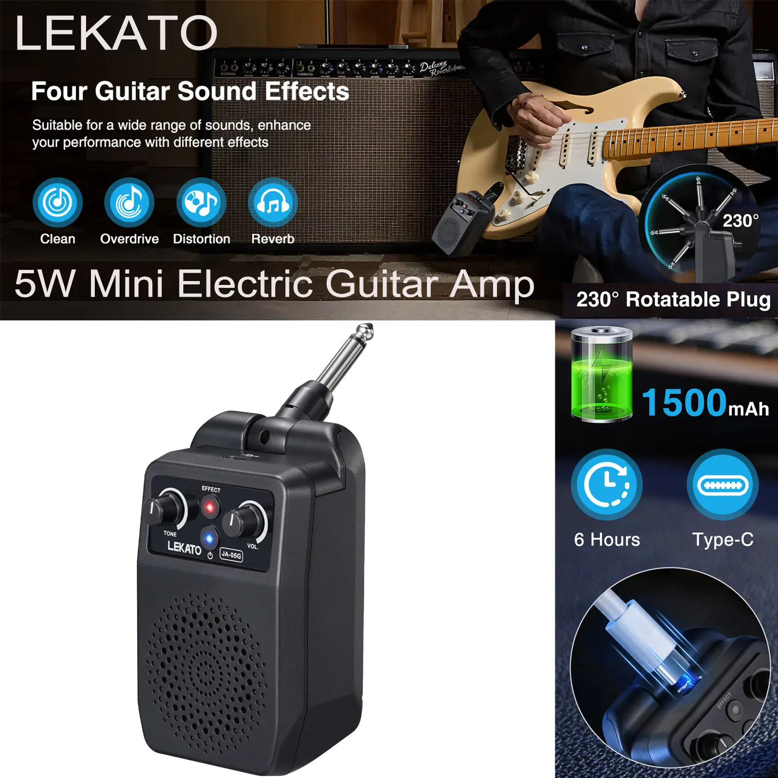 【Crazy Discounts】LEKATO JA-05G Mini Electric Guitar Amp 5W Upgraded, Portable Guitar Audio Amplifier Bluetooth with Built-in 4 Effects, Clean Distorti