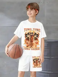 Tung Tung Theme Set, Boys Background Printed Short Sleeve Shorts Breathable, Casual Fitted Style