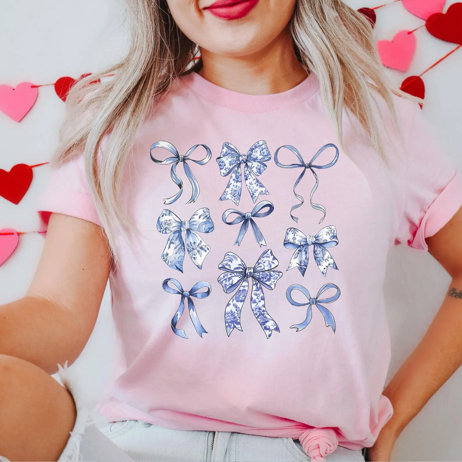 Coquette Bows T-Shirt, Blue Bow Shirt, Floral Blu Bow Shirt, Ribbon Shirt, Blue Ribbon Shirt