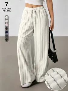 Women's Striped Linen Pants, Elastic Wide Leg, High Waist, Tie Front, Casual Drawstring Palazzo Pant, Lounge Trousers, Beach Summer