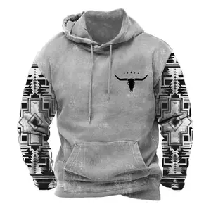 Men's Aztec Hoodie Western Cowboy Hooded Sweatshirt Warm Loose Casual Long Sleeve Drawstring with Pockets Menswear Animal Jeans Joggers Tops Pullover
