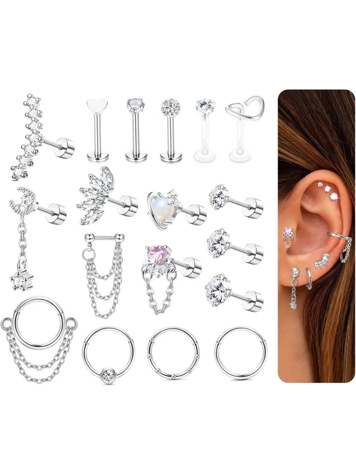 18Pcs Tragus Piercing Jewellery Body Piercing Jewelry 16G Hypoallergenic Flat Back Cartilage Tragus Studs Earrings Set 316L Surgical Steel Silver Helix Conch Daith Piercing Jewellery for Women Men