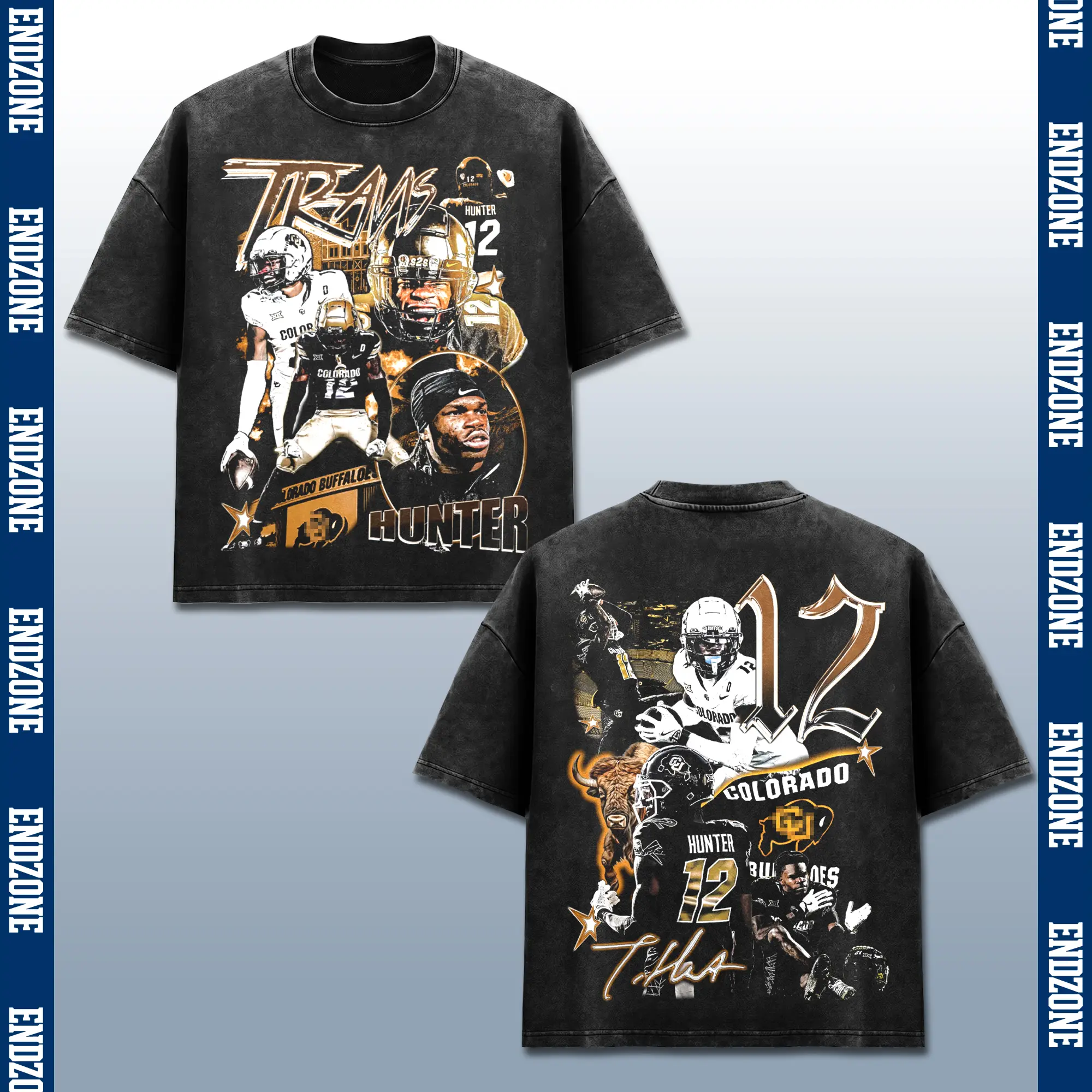 [Endzone] Travis Hunter T-Shirt, TH Colorado Buffalo Team Tee, Number 12 Buffalo Merch, Football Big 12 Top, Two Way Star Graphic, Golden Helmet Athlete Apparel, Vintage Bootleg Rap Style, Retro Acid Washed Black, US Unisex Casual Oversized Outfits