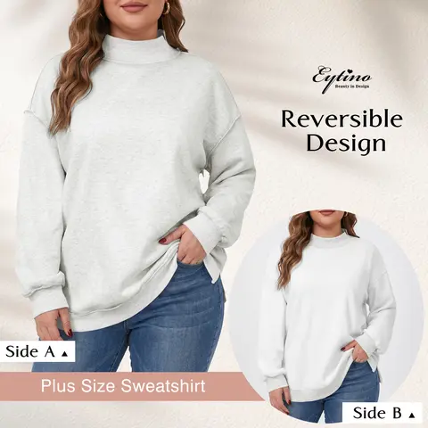 Eytino Plus Size Colorblock Edge Notched High Neck Drop Shoulder Reversible Sweatshirt 2026 Fall Loose Pullover Top For Curvy Women(1X-5X)