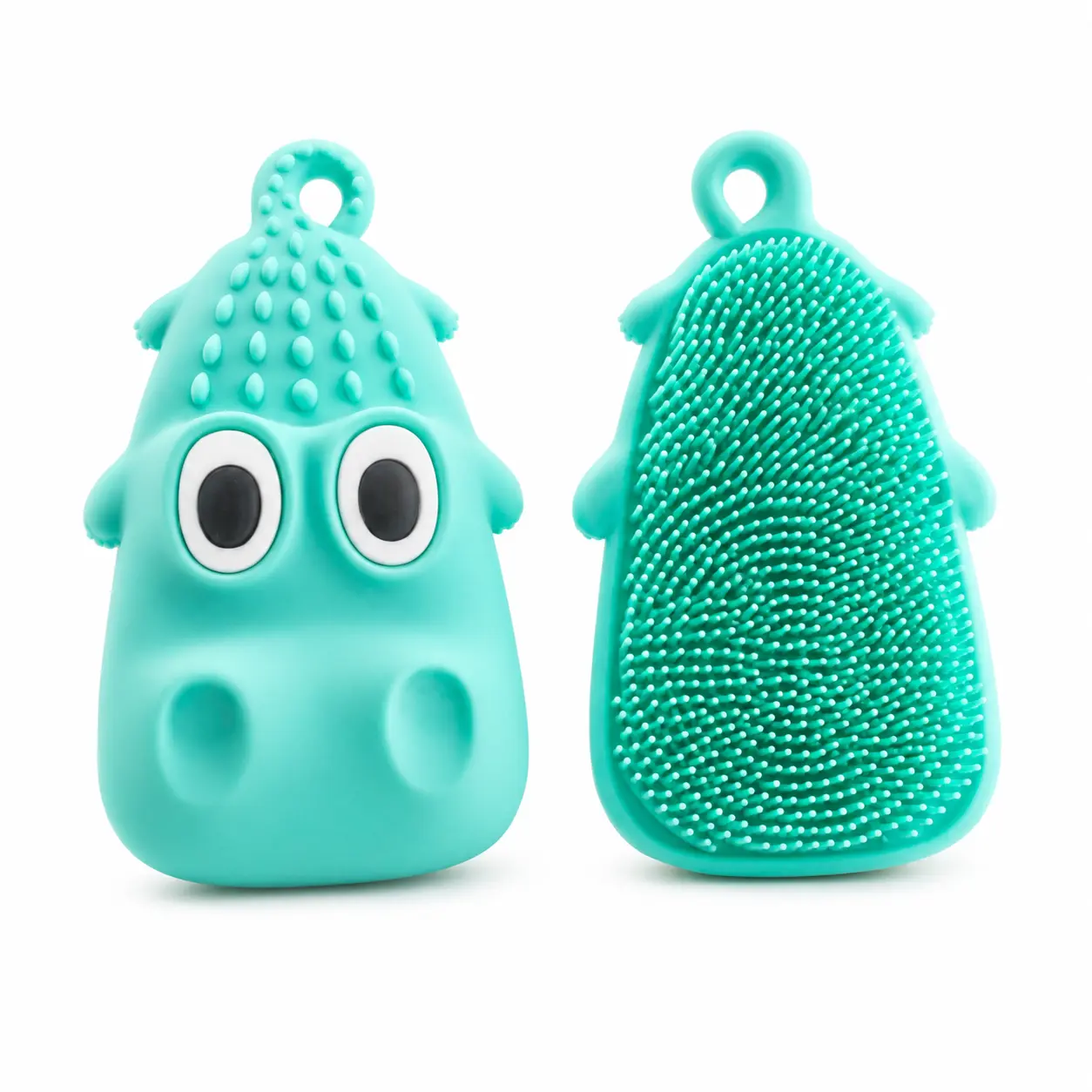 Hippo Shape Silicone Body Scrub Sponge - 2-in-1 Shower Bath Tool, Cute Cartoon Kids’ Accessory, Soft Dense Lathering Bristles, Hanging Reusable Exfoliating Bathroom Gadget, Home Cleaning Gift, Accessories