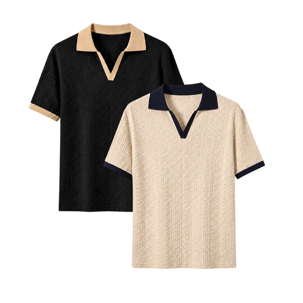 Two-piece set featuring a small V-neck jacquard short-sleeve polo shirt made from breathable textured fabric, contrasting collar and cuffs, and a simple open-front design—ideal for business commuting and everyday casual wear.