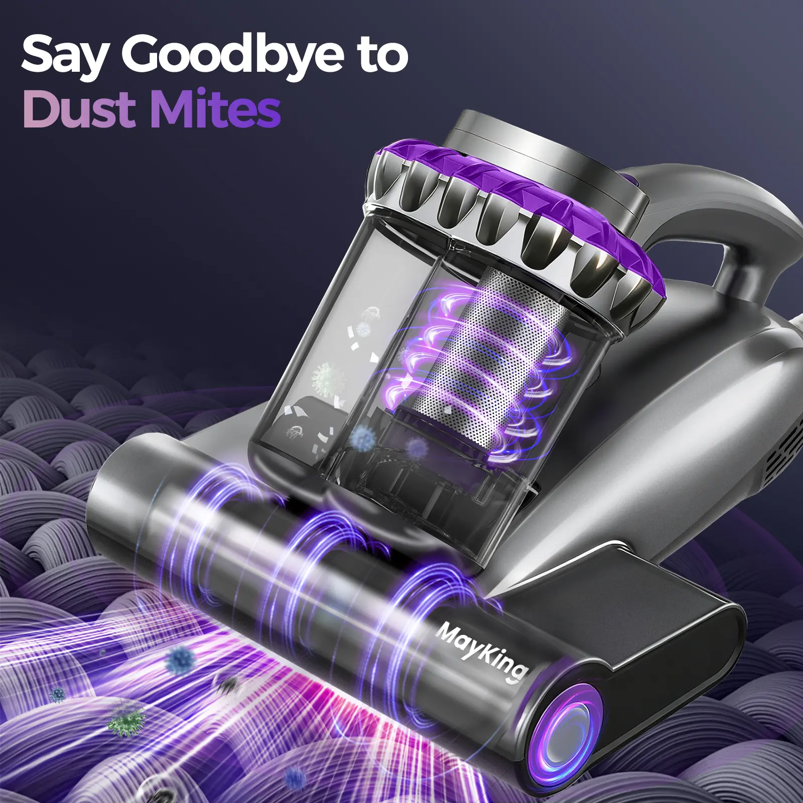 MayKing Smart Mattress Vacuum – LED Display Shows Real-time Cleaning, 16kPa Suction & 40,000 RPM, UV-C Light + HEPA Filter, 149°F Heat & Negative Ion, Upgrade Your Bed and Sofa Cleaning Experience