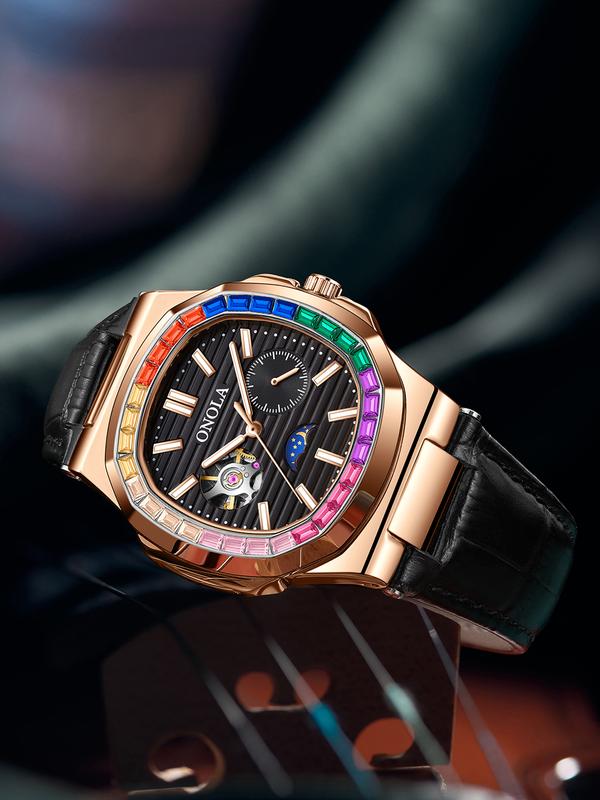 Onola Men's Fashion Business Mechanical Watch, Hollow Out Tourbillon Design, Automatic Wind-Up, 3atm Water Resistant, Fashionable Waterproof Watch, Perfect Christmas Gift