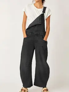 Women’s Baggy Denim Overall Wide Leg Jeans Adjustable Straps Stretch Bib Jumpsuit