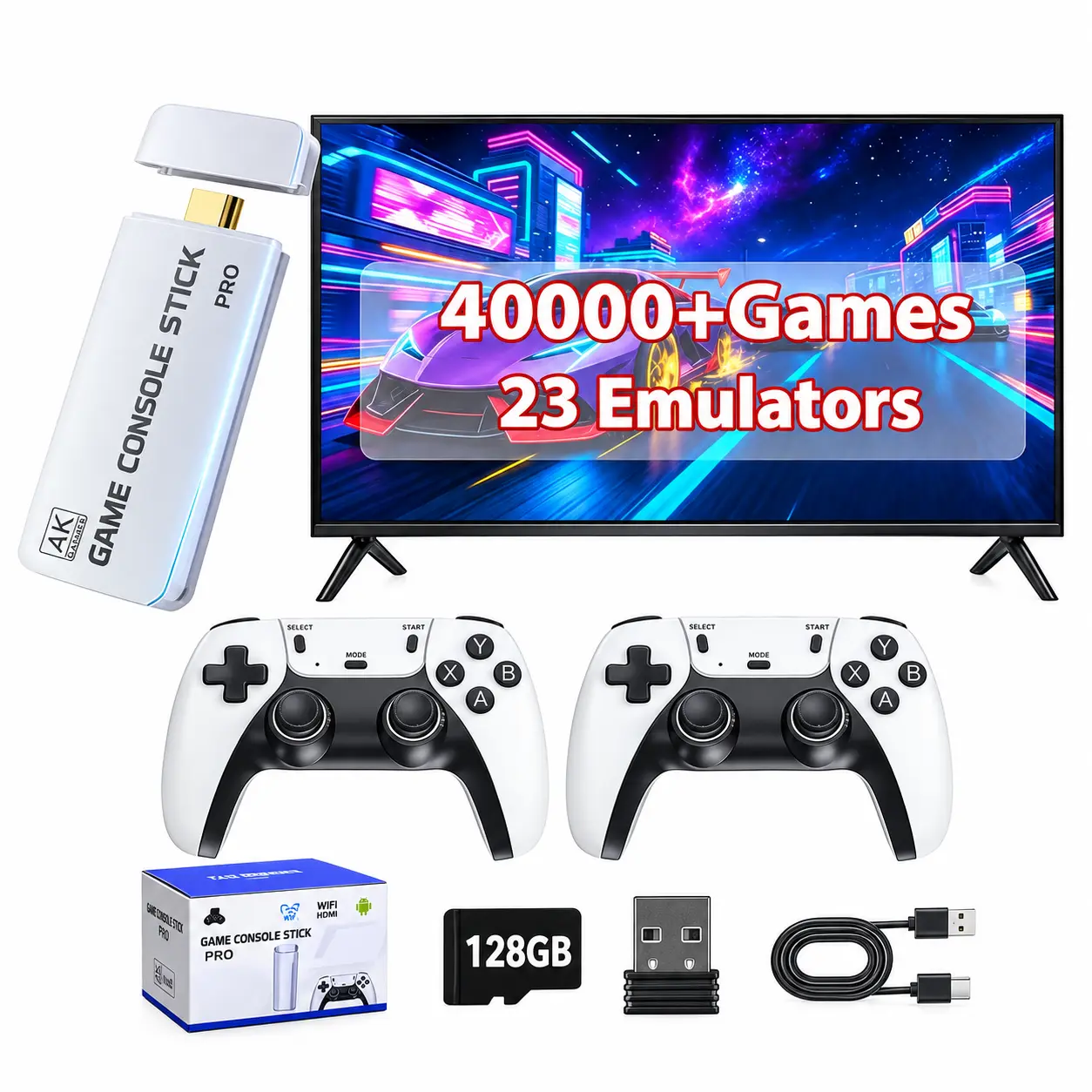 2026 Mass Games Themed Retro Portable Home Console - 40000+ Built-in Games, 23 Emulators, 2 Wireless Controllers, 128GB SD Card, Button Design, HDMI Port, Cable, SEO Stick Compatible, Projector-Compatible Cool Gadgets, Unique Gift for Men