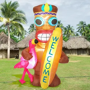 5 ft Inflatable Tiki Flamingo Surfboard LED Lighted Blow Up Inflatables for Hawaiian Luau Summer Outdoor Beach Tropical Pool Yard Party Decorations Supplies Favors