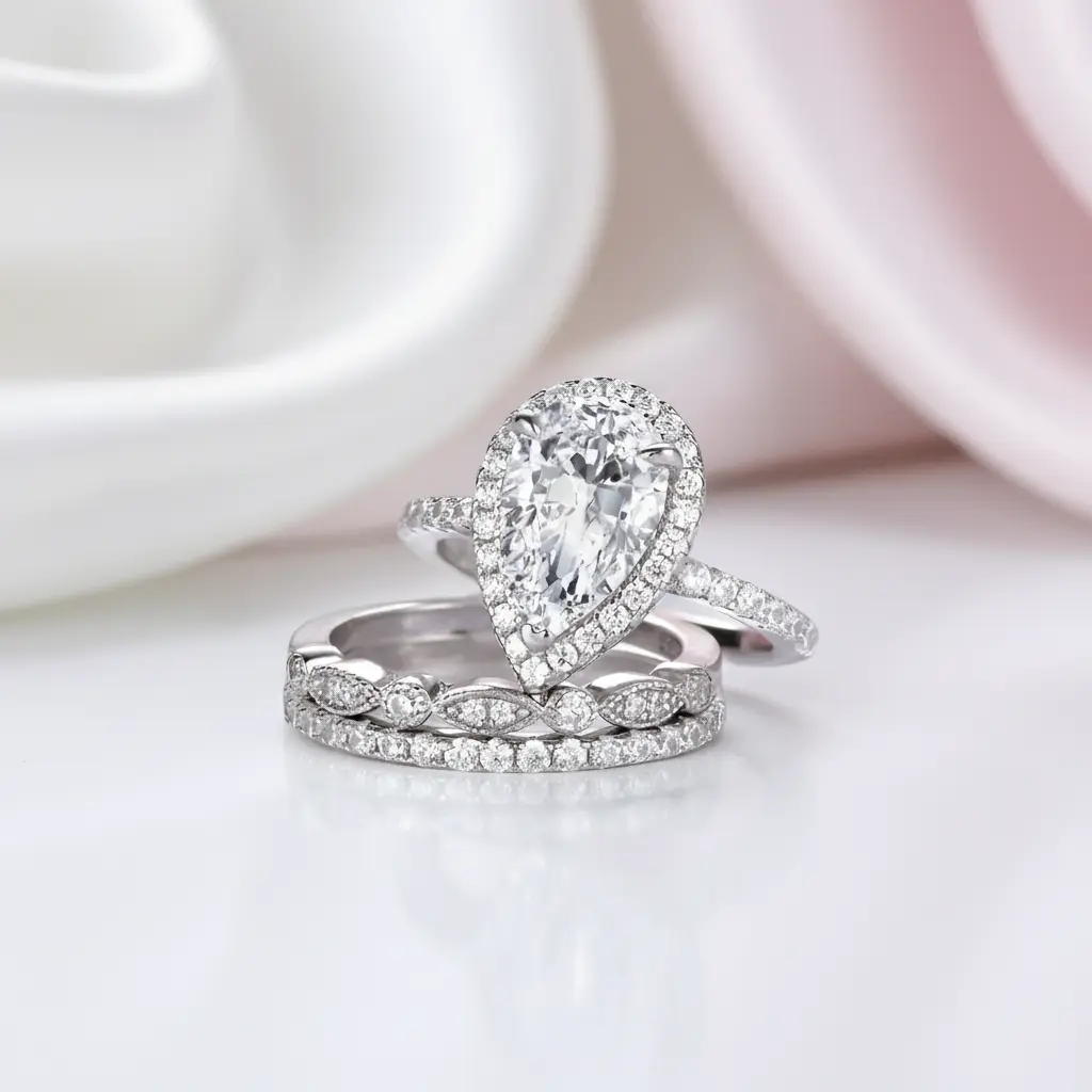 Halo Pear Cut Sapphire White Gold Ring Set