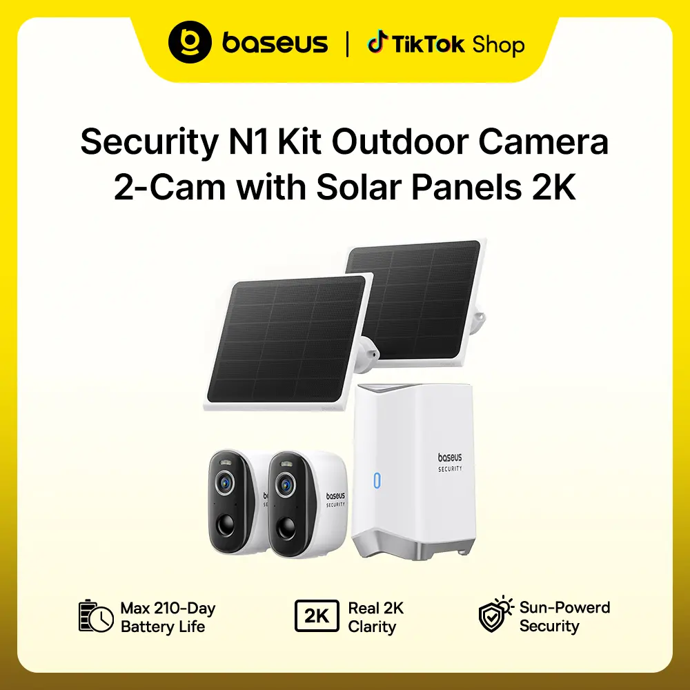 Baseus N1 Wireless WiFi Outdoor Surveillance 2-Cam Kit with 3W Solar Panel, 2K Color Night Vision, IP67, No Monthly Fee, 16TB Expandable Local Storage, 8x Digital Zoom, 2-Year Warr., Mobile App Compatibility for Home Security Cameras