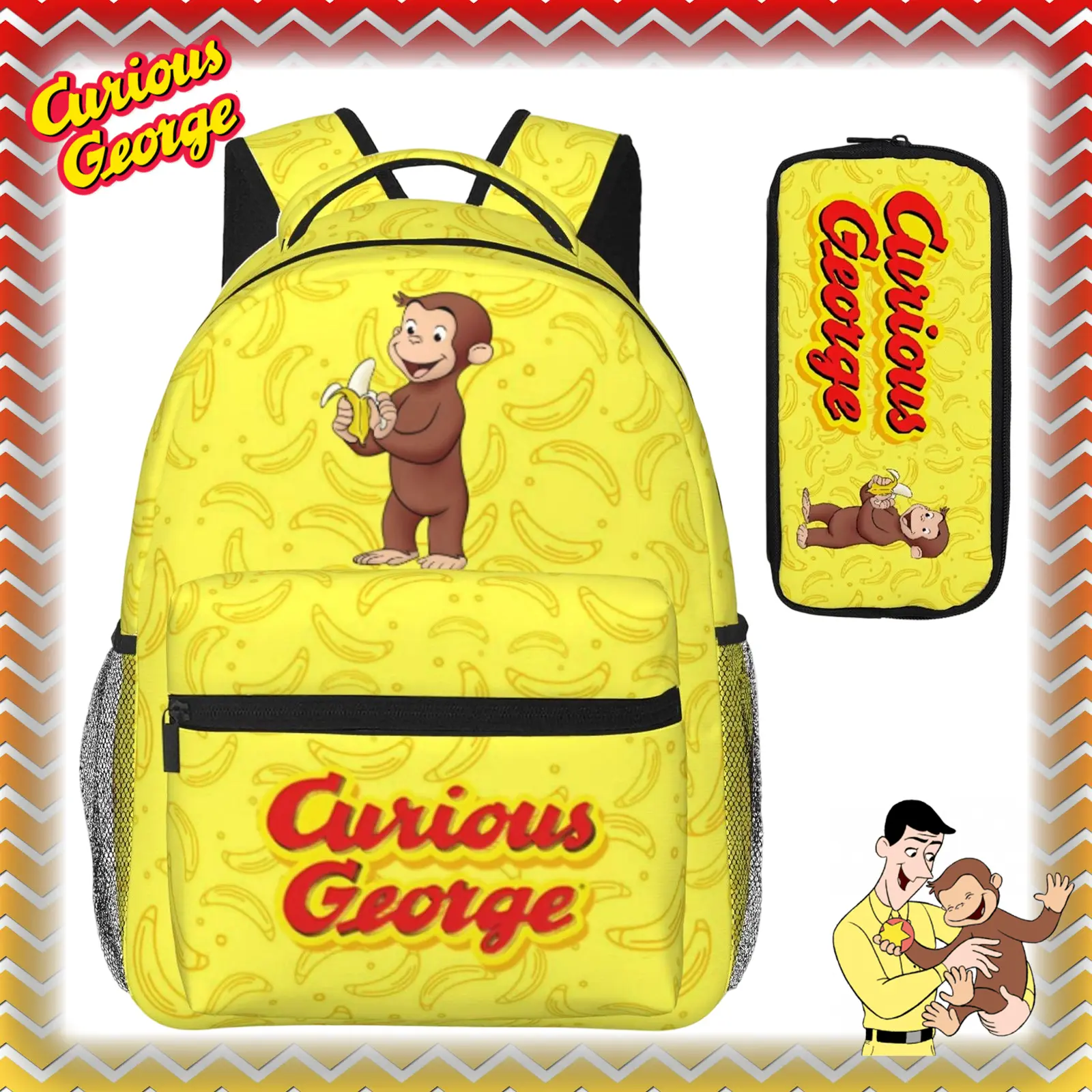 Large capacity Curious george backpack Curious george stuffed animal Laptop Backpack Curious george toys Full Print School Bookbag Shoulder Bag  Multipurpose Travel Daypack perfect for Back to School, party and holiday gifts